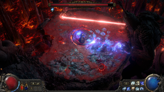 Best games like Diablo: a birds eye view of a battle, with a man wearing robes bracing for an impact while a red laser streaks above his head.