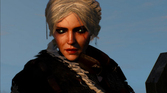 Witcher 3 mods: a woman with braided white hair, and a scar across her face.