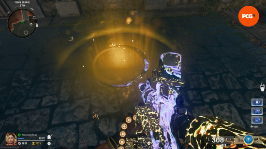 A golden glowing circle on the floor in the Black Ops 6 Zombies Citadelle des Morts main quest easter egg.