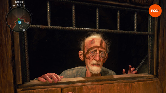 Professor Krafft,an old man in round glasses, looks through a hatch in a locked door in the Black Ops 6 Zombies Citadelle des Morts main quest easter egg. 