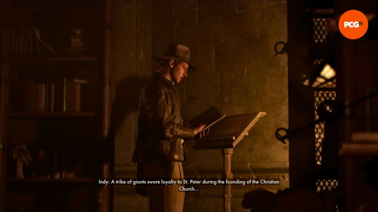 Indiana Jones and the Great Circle review: a man wearing a brown fedora reading from an ancient book.