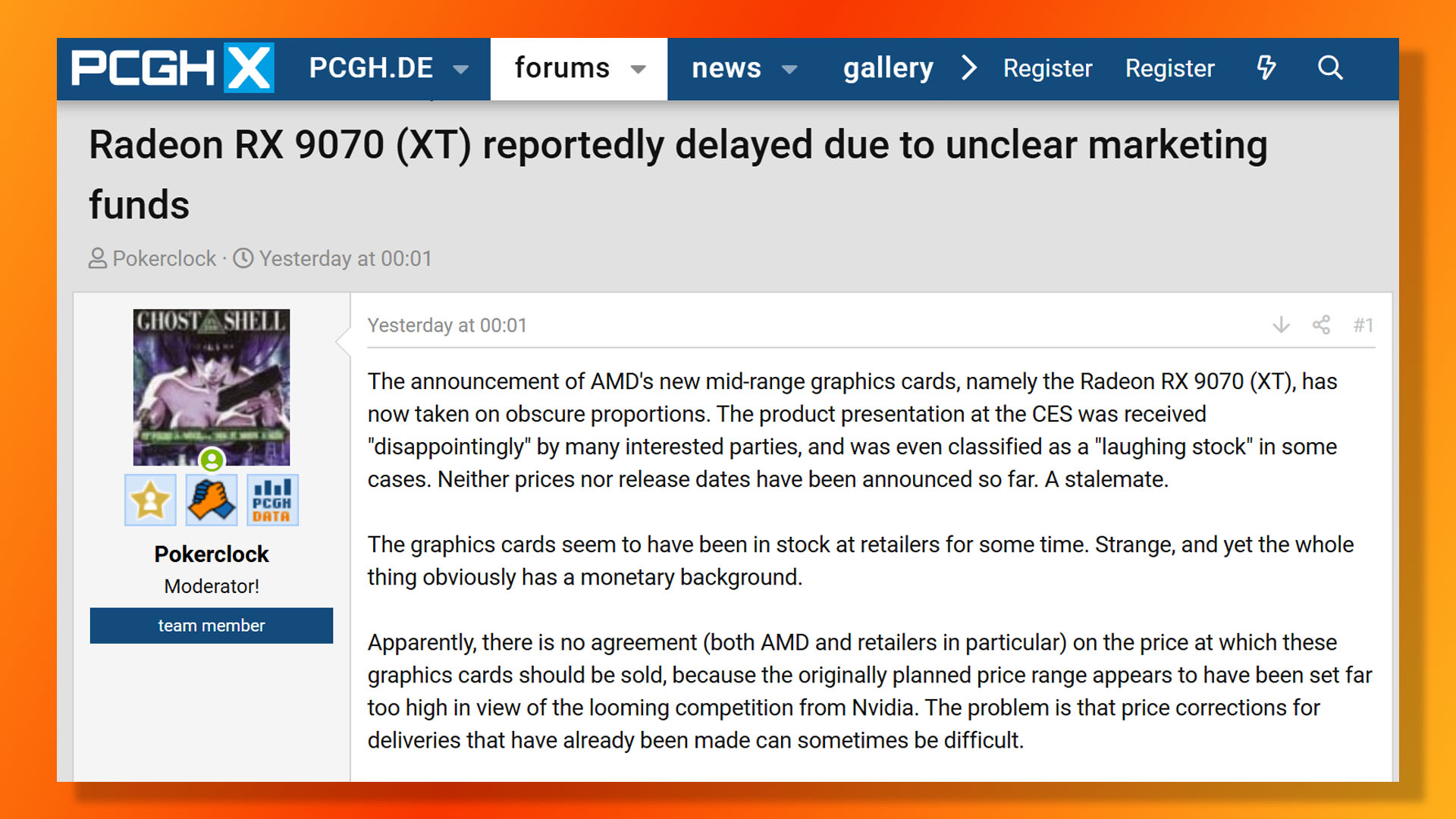 The AMD Radeon RX 9070 delay is due to initially high prices, according to this PCGH forum post by Pokerclock.