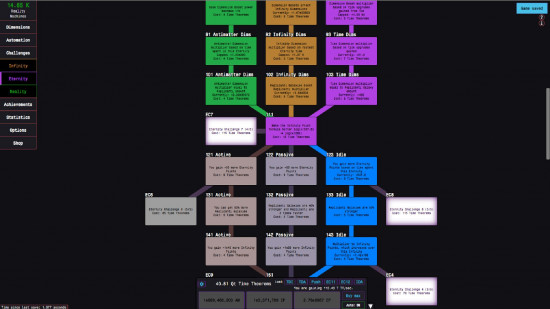 A bunch of upgrades and nodes in Antimatter Dimensions all linked together