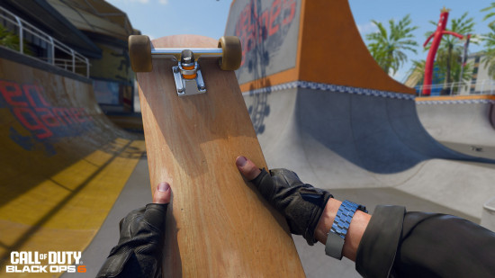 An operator in the Grind map holds up the skateboard melee weapon from BO6 Season 2 Reloaded.