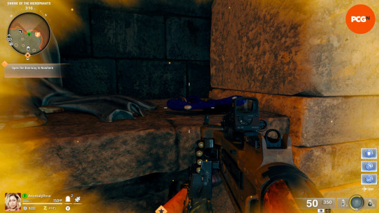 Black Ops 6 Zombies The Tomb easter egg song: A pair of Mr Meeks headphones at the feet of a statue in the shrine of the Hierophants.