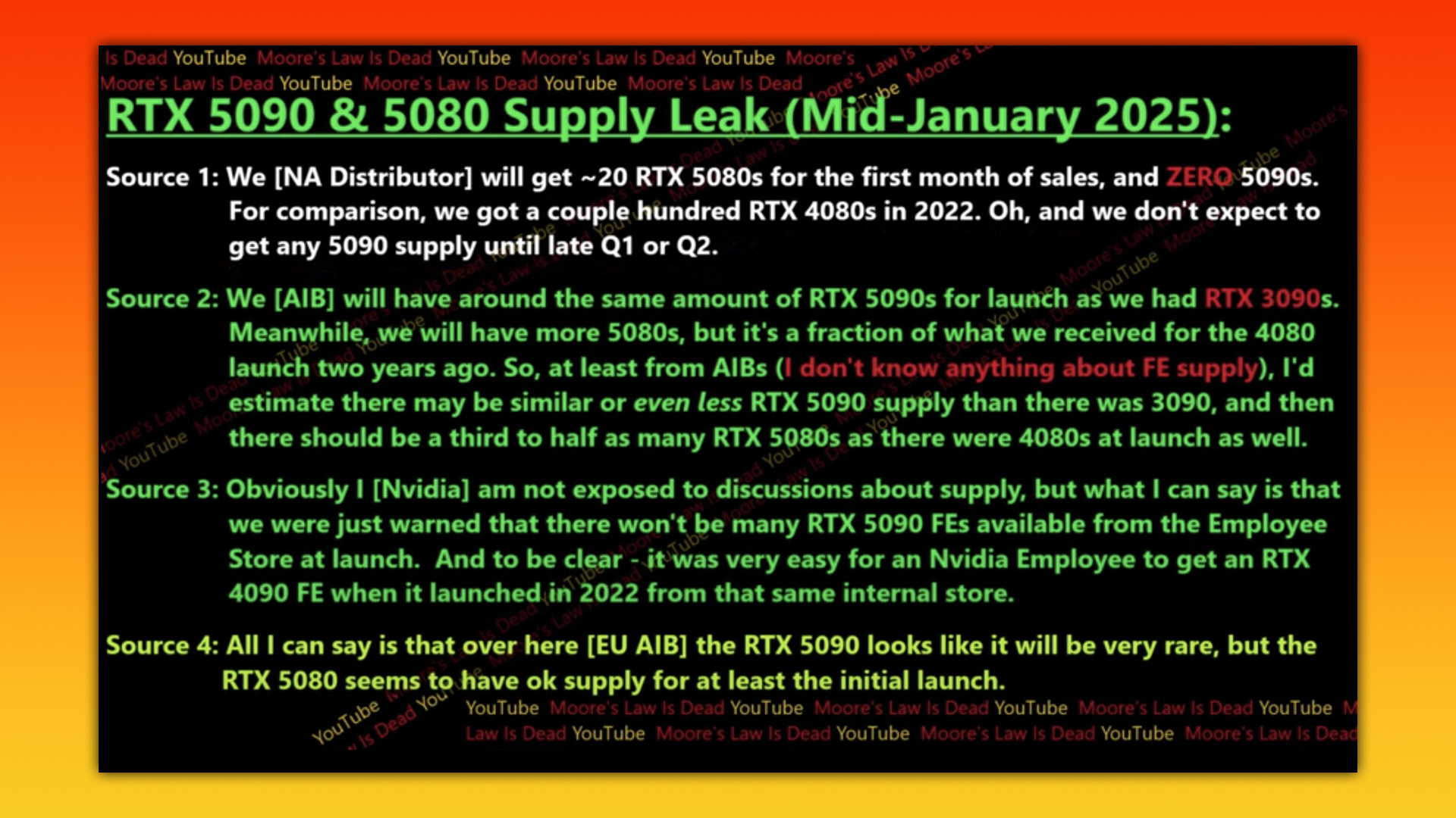 moore's law is dead screenshot saying: RTX 5090 & 5080 Supply Leak (Mid-January 2025): Moore Source 1: We [NA Distributor] will get ~20 RTX 5080s for the first month of sales, and ZERQ 5090s. For comparison, we got a couple hundred RTX 4080s in 2022. Oh, and we don't expect to get any 5090 supply until late Q1 or Q2. Source 2. We (AIB wil have aroud the same amount of RTX 5090s for launch as we had RTX 30902 Meanwhile, we will have more 5080s, but it's a fraction of what we received for the 4080 launch two years ago. So, at least from AlBs (I don't know anything about FE supply), I'd roore's Law Is D ¿ YouTube MOS estimate there may be similar or even less RTX 5090 supply than there was 3090, and then there should be a third to half as many RTX 5080s as there were 4080s at launch as well. Source 3: Obviously | [Nvidia] am not exposed to discussions about supply, but what I can say is that we were just warned that there won't be many RTX 5090 FEs available from the Employee Store at launch. And to be clear - it was very easy for an Nvidia Employee to get an RTX 4090 FE when it launched in 2022 from that same internal store. Source 4: All I can say is that over here [EU AIB] the RTX 5090 looks like it will be very rare, but the RTX 5080 seems to have ok supply for at least the initial launch.