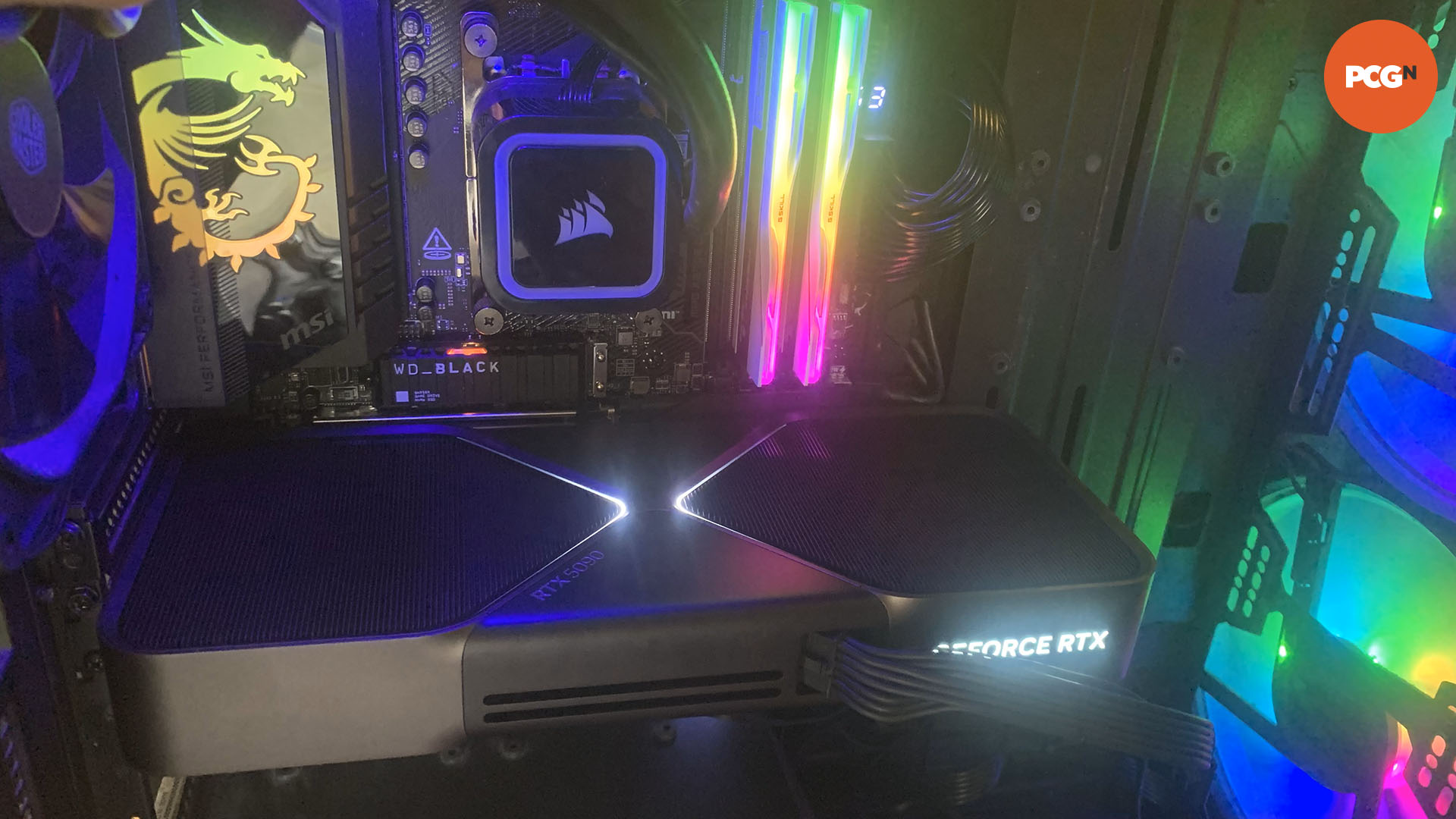 Nvidia GeForce RTX 5090 review: graphics card installed in the PCGamesN GPU test rig.