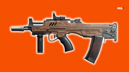 Best BO6 loadouts: a modern looking assault rifle with a long curved magazine located behind the trigger.