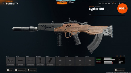 Best Cypher 091 loadout: a large assault rifle with a modified barrle and tan coloured body.