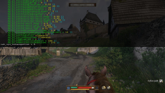 Kingdom Come Deliverance 2 console commands and cheats: first person view of a man riding a horse, with a few lines of computer code in the top half of the screen.