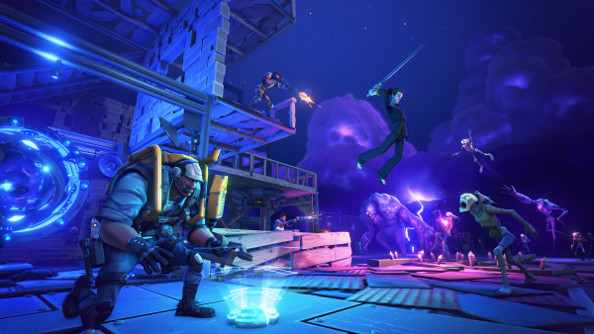 In a blue-purple night, an engineer puts down a device in the foreground while combat takes place in the background between the defenders of a fort and waves of monsters.